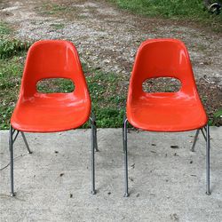 Pair Of Krueger Fiberglass Chrome Orange MCM Mid Century Chairs