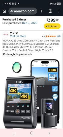 VIOFO A229 Ultra 2CH Dual 4K Dash Cam Front and Rear, Emergency Record Button and 256GB Drive