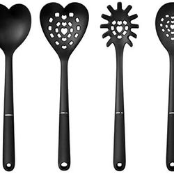 Brand New In Box COJOJO 4 Pack Silicone Nylon Turner Spatula Spoon Ladle Spaghetti Server Slotted with Heart Shape Round Square Kitchen Tool Set