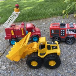 (3) Three Large Plastic Toy Trucks Fire Truck, Rescue Vehicle and Bull Doser