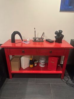 Red Wood Console Table with Two Drawers