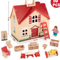 (225)
Foldable Wooden Dollhouse with 13pcs Furniture, 4 Rooms and 2 Flexible Dolls, Pretend Play House Set with Portable Handle