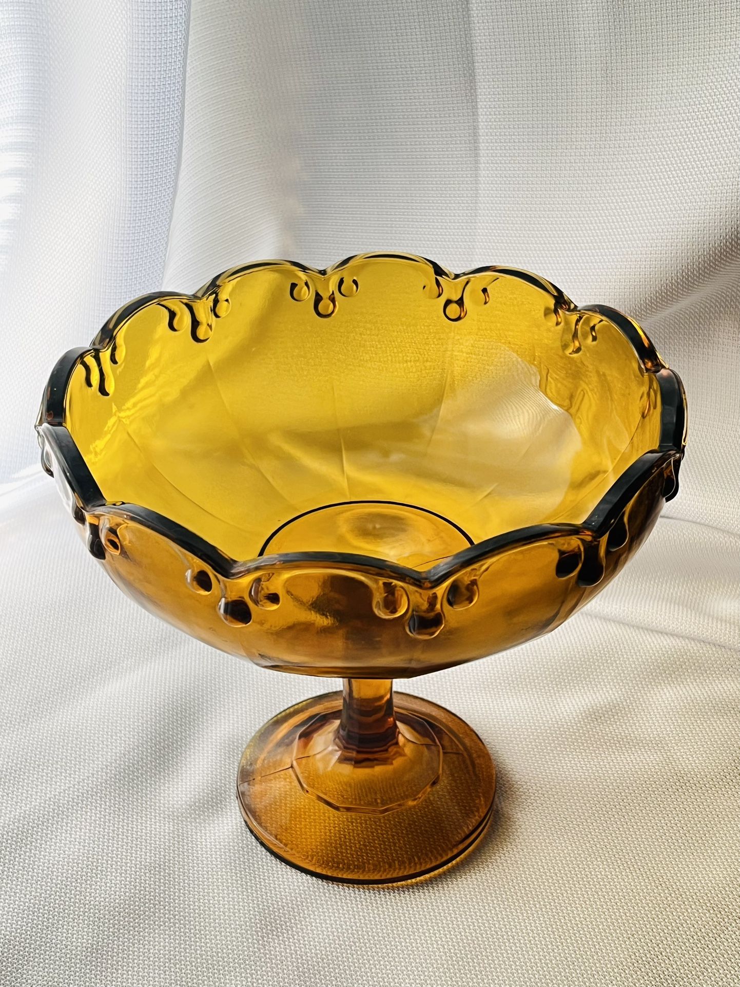Large Scalloped Amber Glass Pedestal Bowl Vintage Rare Mid Century Modern Decor