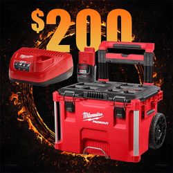 Milwaukee packout rolling box with m12 2ah battery and charger 