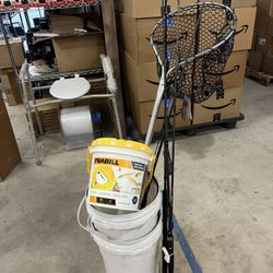 Fishing Poles (Lew’s KVD Series,  Tip Of Okuma Cerros Is Broken But Can Be Worked On) Frabill Tangle Free Rubber Net, Frabill Aerated Bait Bucket, Etc