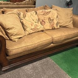 Classic Upholstered Couch with Carved Wood Frame – Will Deliver