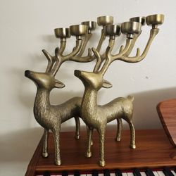 Large 14" Brass Deer Reindeer Antler 6-Candle Holder Candelabra Christmas Tea Light