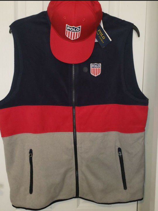 LARGE fleece Polo Multi-Colored Vest. With red Polo flag ap.