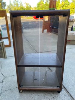 Wood and Glass Display Cabinet on Wheels