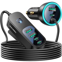 Rocoren 105W 6-Port Multiport Car Charger, PD Fast USB C Car Charger for Multiple Devices,Cigarette Lighter Adapter Car Travel Essentials for Road Tri