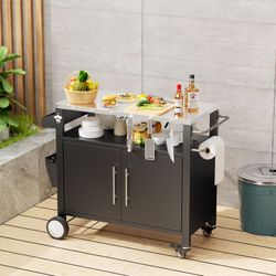 Two Doors Outdoor Grill Cart with Patio Furniture, Outdoor Grill Table with Storage,Rolling Bar Cart Outdoor BBQ Cart with Hooks and Spice Rack for Gr