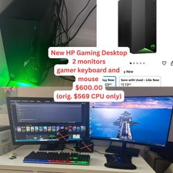 Gaming Desktop, 2 Monitors, Gamer Keyboard And Mouse 