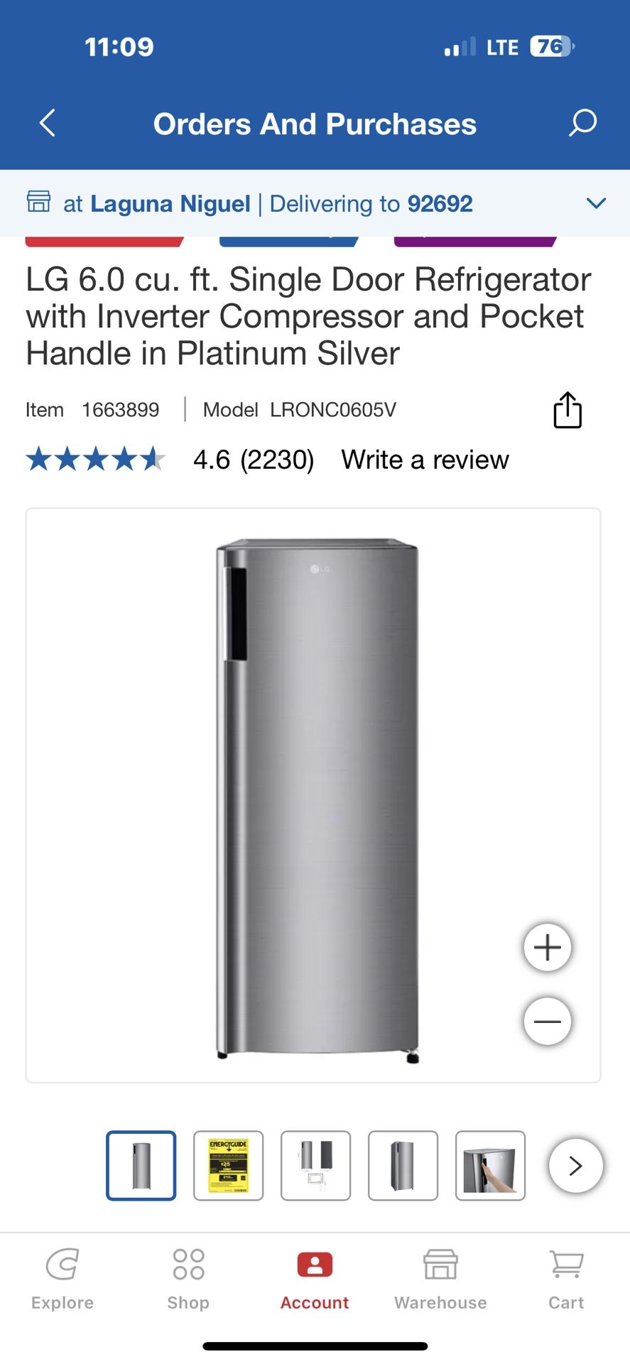 New In Box! LG 6.0 cu. ft. Single Door Refrigerator with Inverter compressor and pocket handle