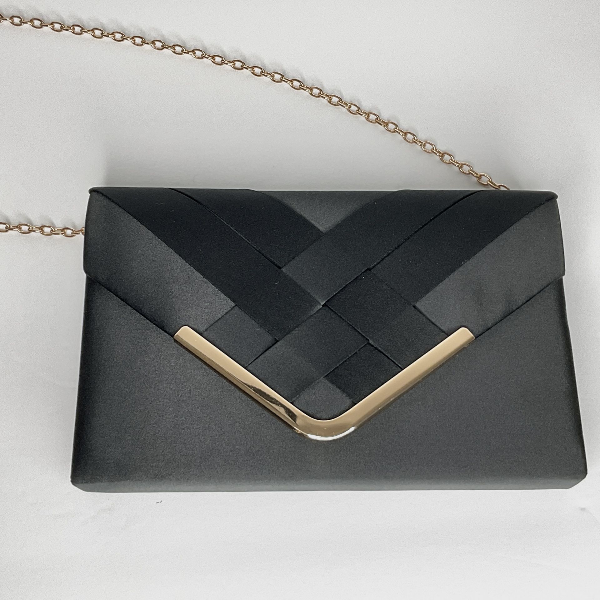 La Regale Envelope Clutch Handbag, Black, Rose Gold Chain