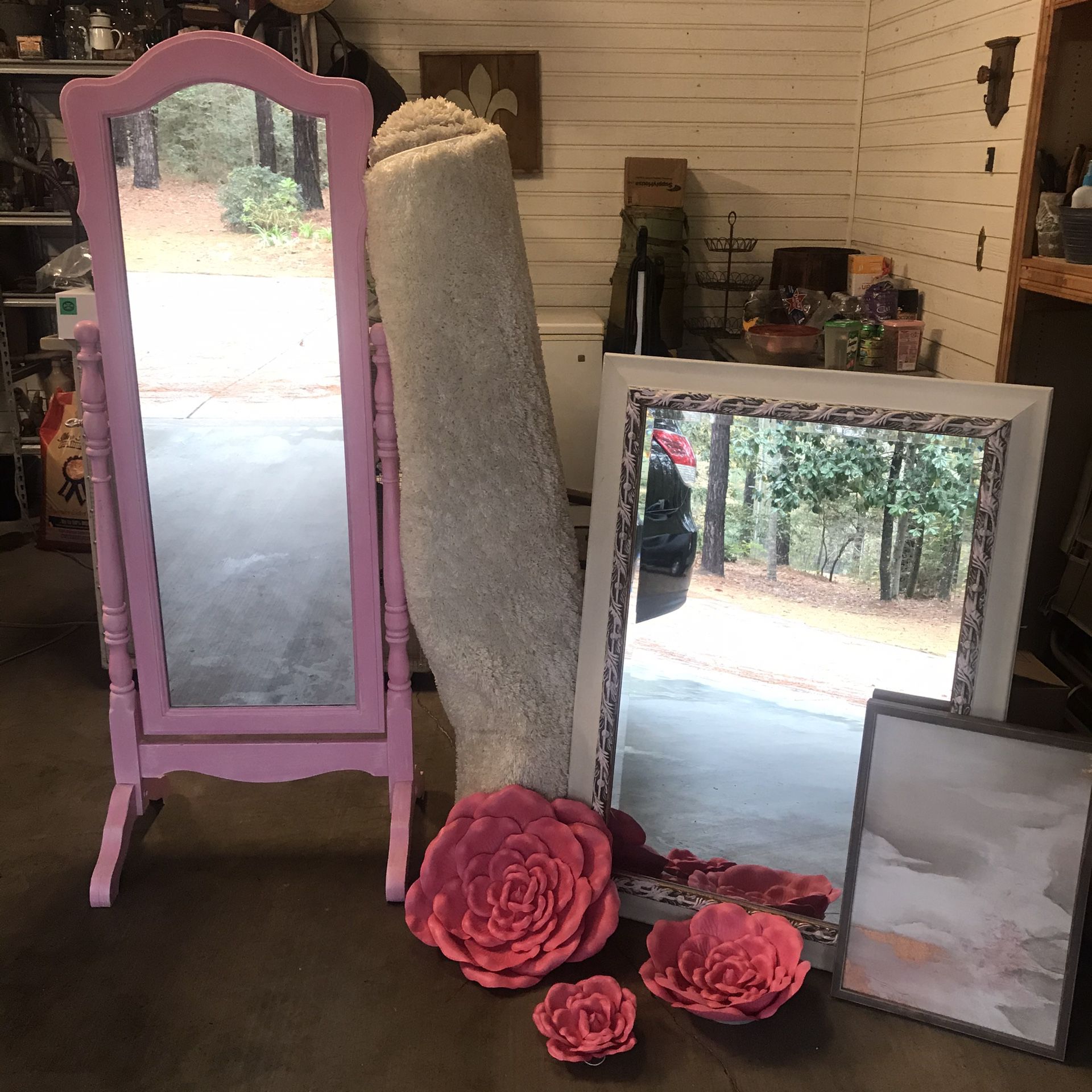 Full Length Mirror, Wall Mirror, Picture, Wall Flowers 4x6’ Ivory Rug, All For One Price Or Sold Separately See Description $100