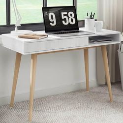 Mid Century Modern Desk with Drawer—White & Oak  