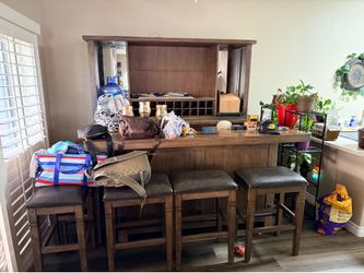 Rustic Wood Home Bar Set with Hutch and Stools