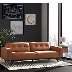 Rivet Bigelow Modern Leather Sofa Couch with Wood Base, 89.4"W, Cognac / Espresso