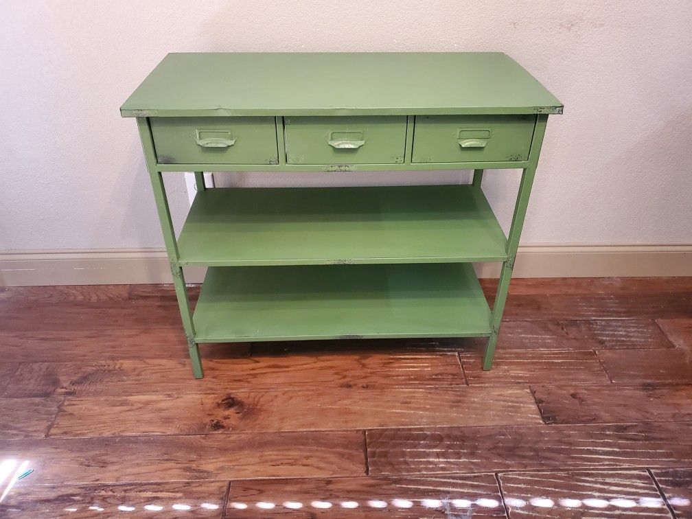 Urban Outfitters - Console Table - 3 Drawer / Two Shelves - Metal - Green (33"L x 15"W x 30"H)