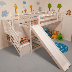 Low-profile Kids Twin Size Bunk Bed With Slide And Stairs