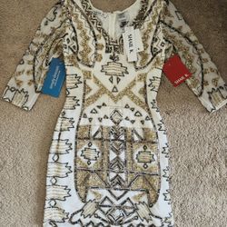 Beaded Cocktail Dress, 100% silk  Party Dress Size 6 , Color: White/gold 