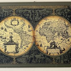 Antique  / Vintage Wood And Metal Old World Maps Framed Picture