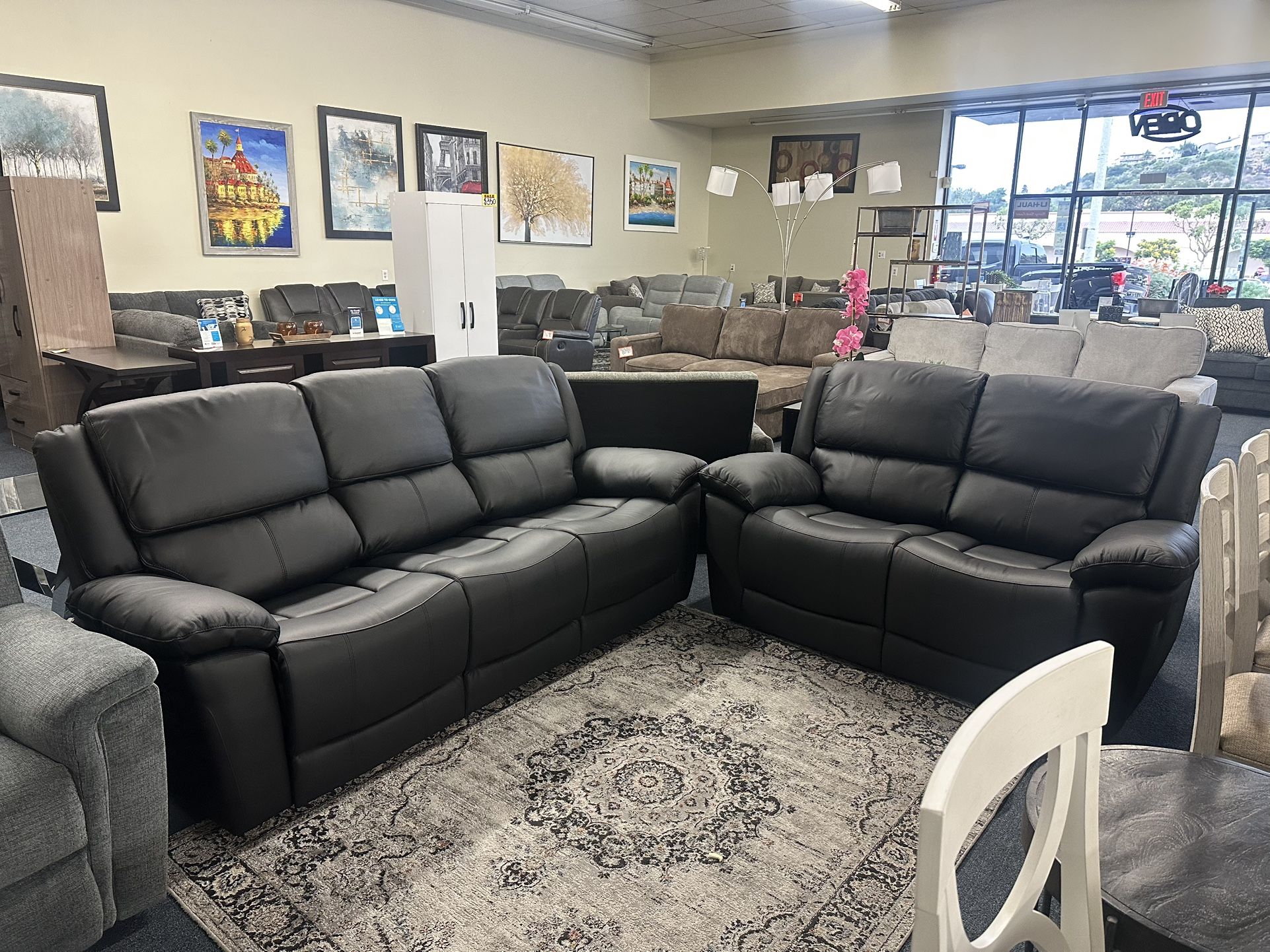 Black MatchLeather Sofá And Loveseat Manual Recliner 