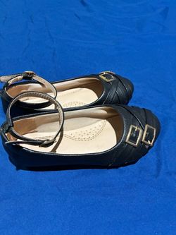 Black Flat Sandals with Gold Buckles