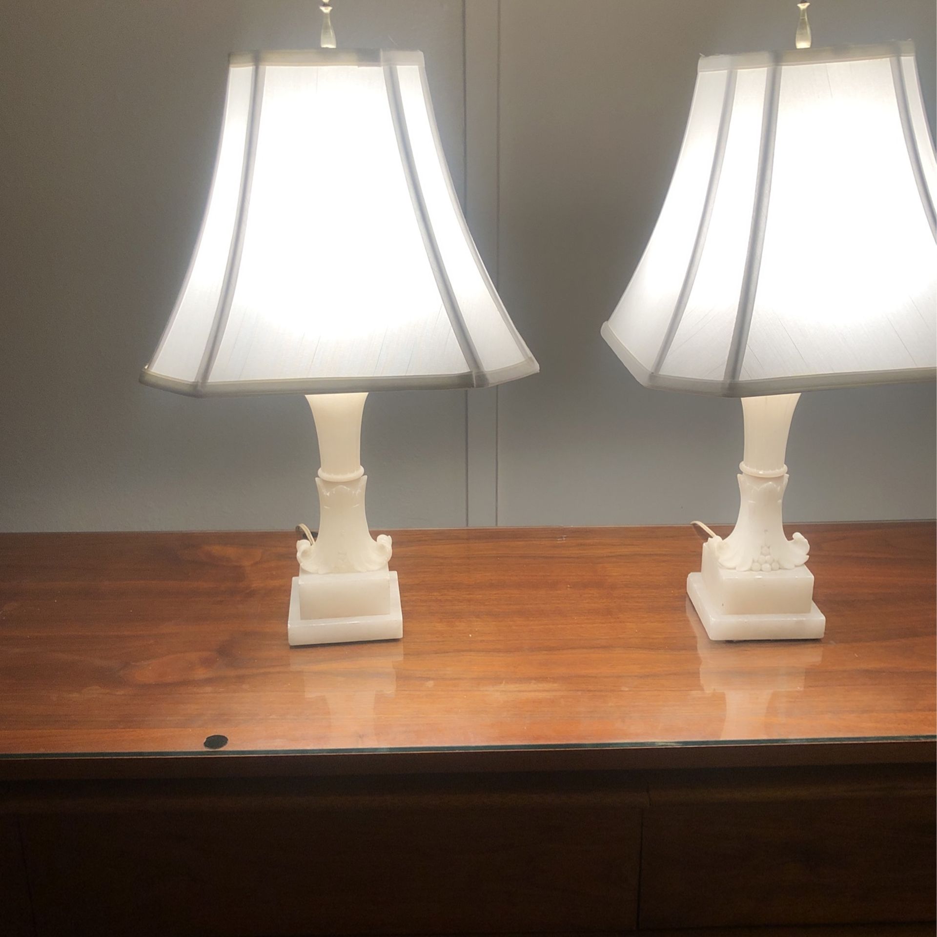 Pair Of Old Alabaster Carved Lamps 