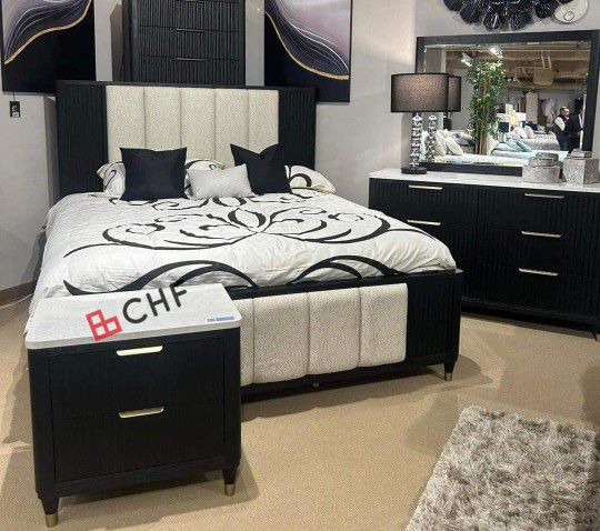 4 Pc Queen or king bedroom set (includes bed frame , dresser with mirror and one nightstand )