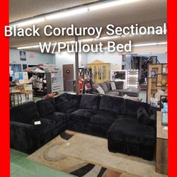 🤩 Black Corduroy Sectional with Pullout Bed