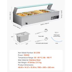 263]Vevor Commercial Food Warmer with Glass Cover 6 1/3-Pans Stainless Steel 1500W New