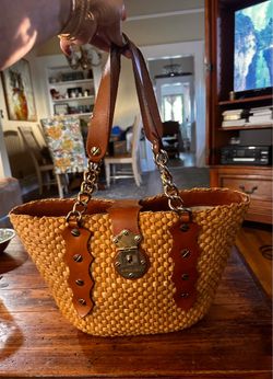Michael Kors Large Straw Tote Bag with Brown Leather Trim