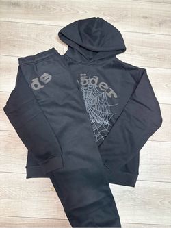 Sp5der Black Hoodie and Sweatpants Set