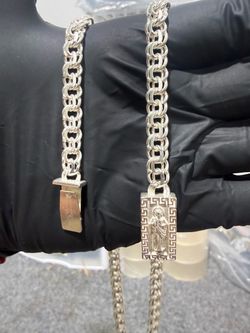 Chino Link Chain 925 Sterling Silver San Judas Greek Lock 22inches Plata 925