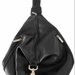 PIEL Black Leather Backpack Sling Back 2 Way Purse Bohemian 3 Zipper Pocket NWOT