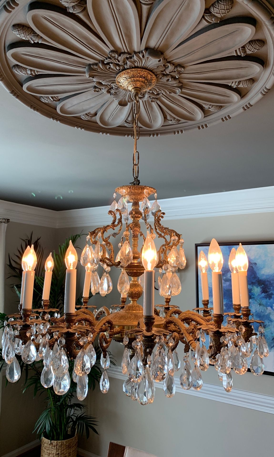 Antique Brass 12 Light Crystal Chandelier