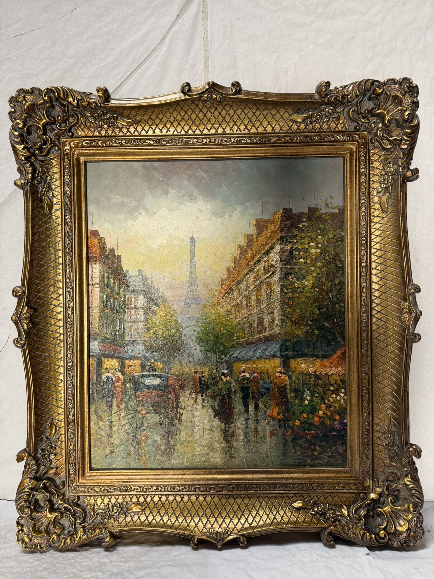 Paris ~ Hand-Painted Oil Painting Wooden Frame 33.5” x 30”
