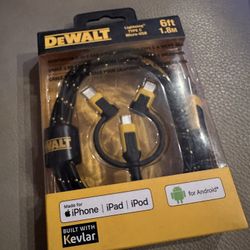 DeWALT 6 Ft Reinforced 3-in-1 Cable - Lightning, USB-C, and Micro-USB