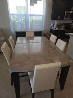 Marble Dining Table w/ White Leather Chairs  and Buffet $350