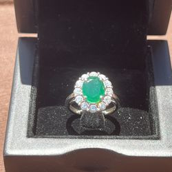 Green Emerald And Diamond Halo Ring, 18k White Gold Band