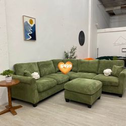 Gorgeous! 4-pc Sectional Sofa With Ottoman Sage Green Corduroy 