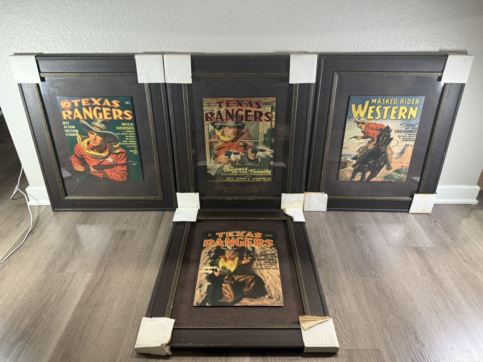 Set of 4 Framed VINTAGE WESTERN TEXAS RANGERS novel covers