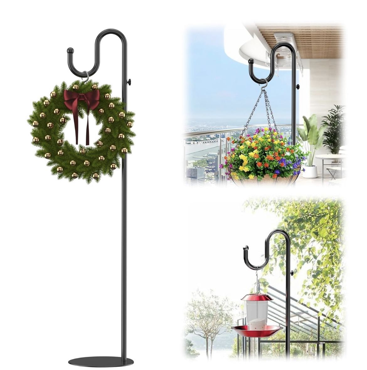 74" Shepherds Hook Stand for Plant: Hanging Bird Feeders, Plants, Lanterns, Wreath and Wind Chimes, Adjustable Free Standing Pole Holder with Heavy Du