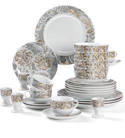 28pcs Porcelain Dinnerware Set,Scratch Resistant Dishes Set Egg Cups, Modern Ceramic Dish Cappuccino