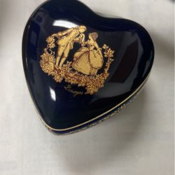Vintage Limoges France Porcelain Heart Trinket Box Cobalt Blue 24k Gold Trim
