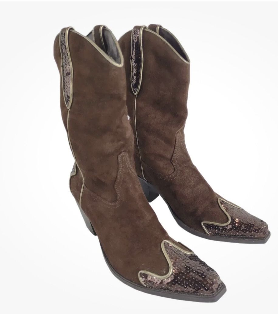 Splash Women's 6 1/2 Brown Suede Sequin Tip Western Boots Pointed Toe Cowgirl Cowboy
