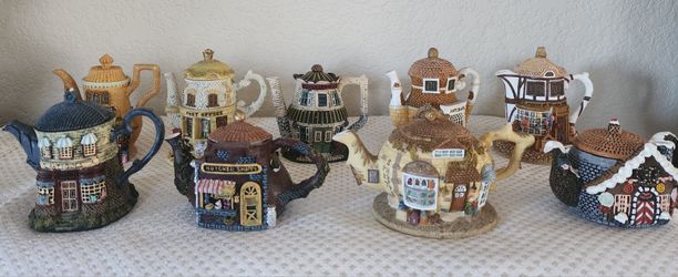 Collection of Nine Hometown Teapot Cottages Miniature Collectibles Figures. 
