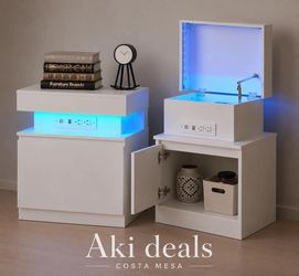 LED Bedside Table with Charging Station, Set of 2 Side Tables, Nightstands with Storage, (White)J-25