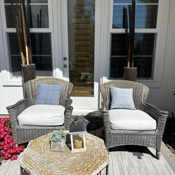 2 Wicker Chairs With Cushions  & Table 